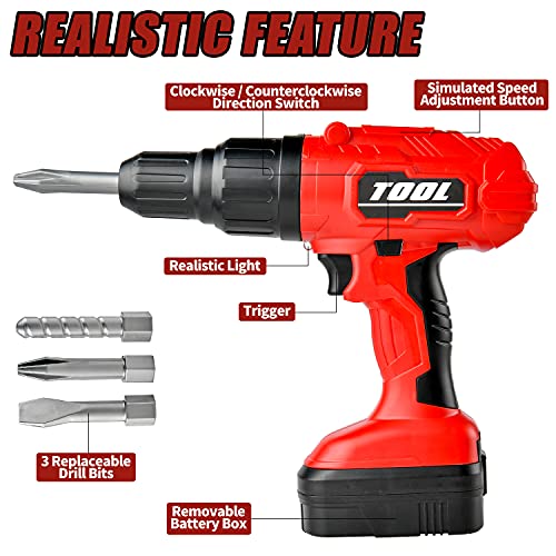 Toy Drill - Toy Choi's Electric Kid Drill Set Pretend Play Drill Toy, Kids Creativity Drill Screw Set, Construction Kids Tool Set Outdoor Preschool Gardening Lawn Toy Gift for Boy and Girl(Red)