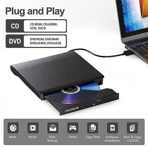 ORIGBELIE External CD/DVD Drive for Laptop, USB 3.0 CD Burner +/-RW CD ROM External DVD Drive Portable DVD Player for Laptop Desktop PC Apple Mac Windows 11/10/8/7/XP Linux OS