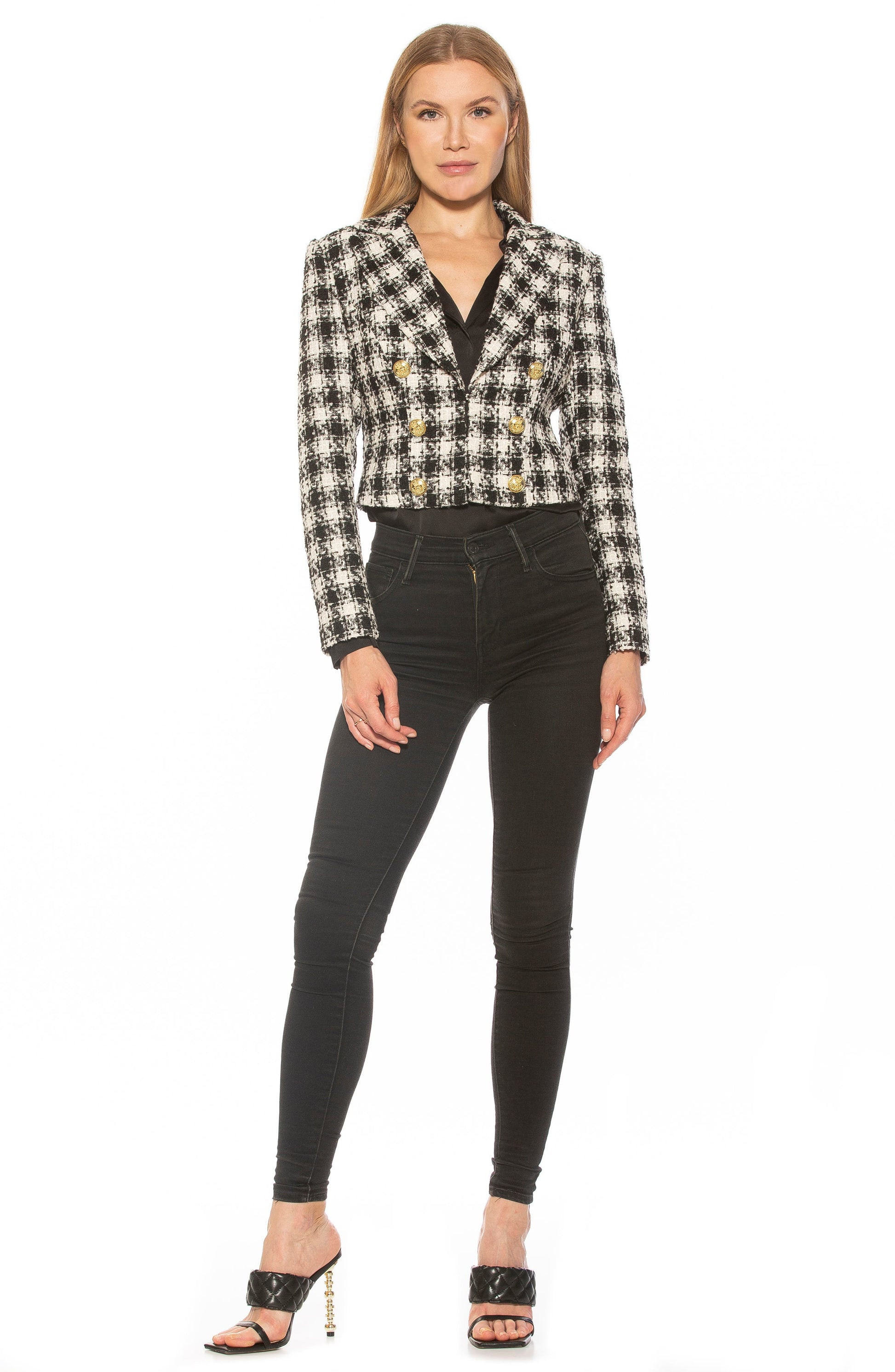 ALEXIA ADMOR Jesse Double Breasted Crop Tweed Blazer, Main, color, BW HOUNDSTOOTH