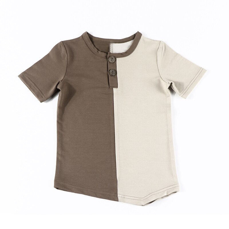 Brown denim colorblock set boys shirt round neck opening asymmetrical bottom soft material kids t shirt summer short/long sleeve