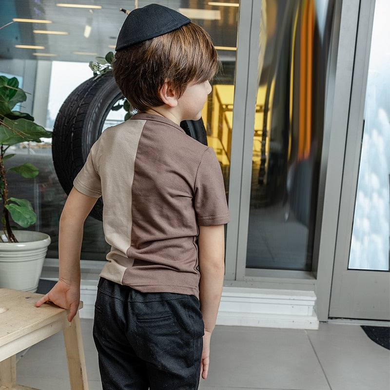 Brown denim colorblock set boys shirt round neck opening asymmetrical bottom soft material kids t shirt summer short/long sleeve
