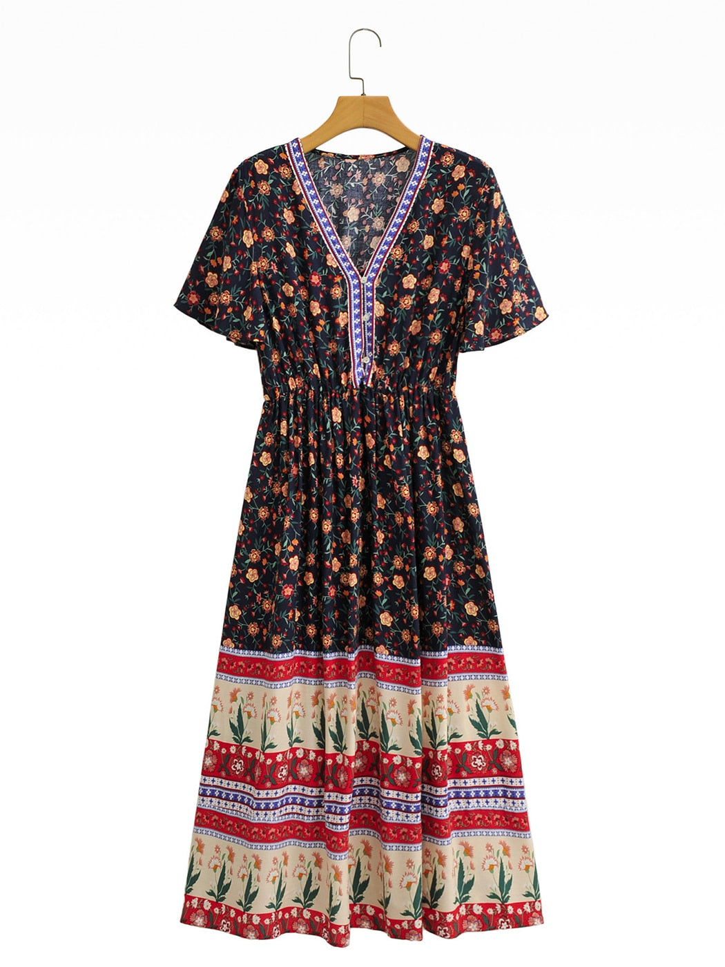 Jastie Boho Floral Printed Maxi Dress V Neck Sexy Ruffle Sleeve Vintage Vestidos 2022 Summer Hippie Beach Casual Women Dresses