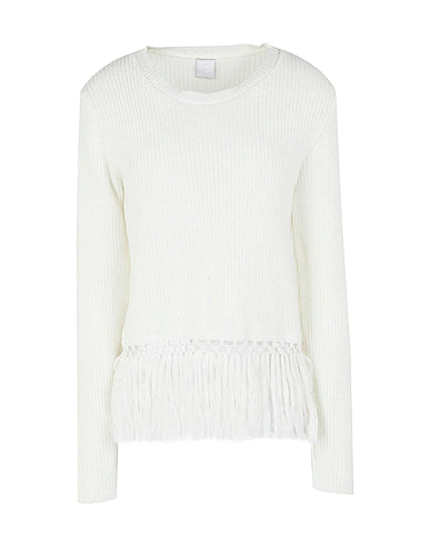 8 by YOOX Sweater COTTON CREW-NECK FRINGE KNIT SWEATER
 White 100% Cotton