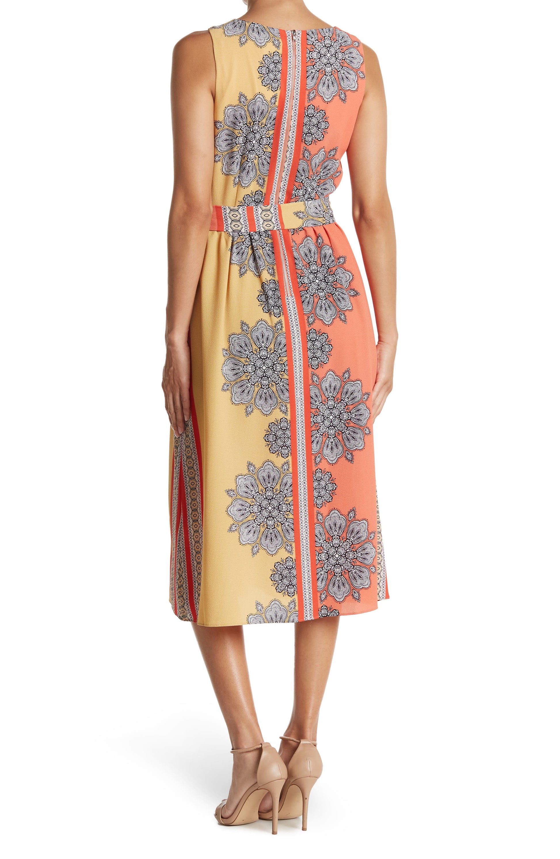GABBY SKYE,
                                                Sleeveless Belted Midi Dress,
                                                Alternate thumbnail 2, color,
                                                MELON/GOLD