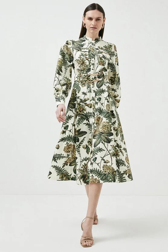 Vintage Toile Cotton Sateen Midi Shirt Dress