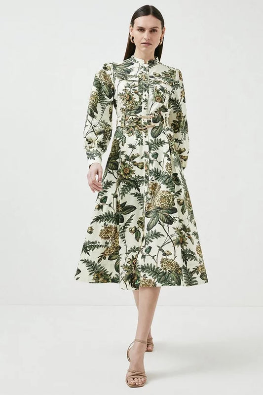 Vintage Toile Cotton Sateen Midi Shirt Dress